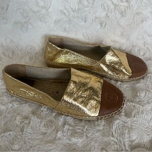 Tory Burch Metallic Gold Leather Colorblock Pattern Espadrille Shoes